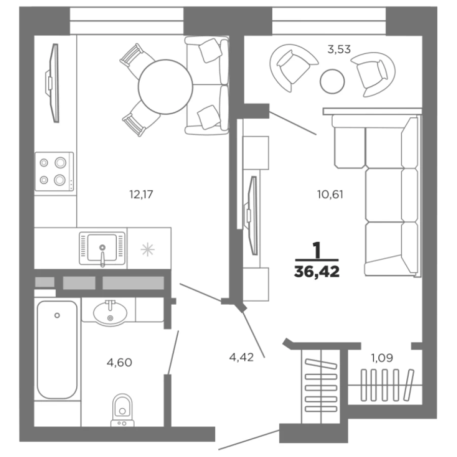 1-ая квартира площадью 36,42 м2 в современной ЖК Нобель с улучшенной планировкой